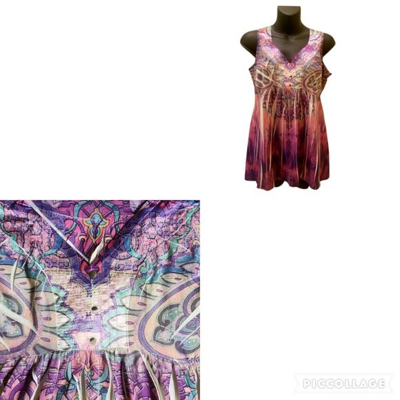 APT 9 Purple Pink Multi Color Paisley Ikat V Neck Sleeveless Tunic Top sz S - Picture 4 of 12